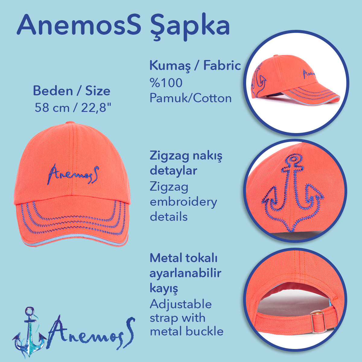 Anemoss Mercan Çapa Nakışlı Yazlık Şapka – Pamuklu, Hafif ve Nefes Alabilir Kumaş