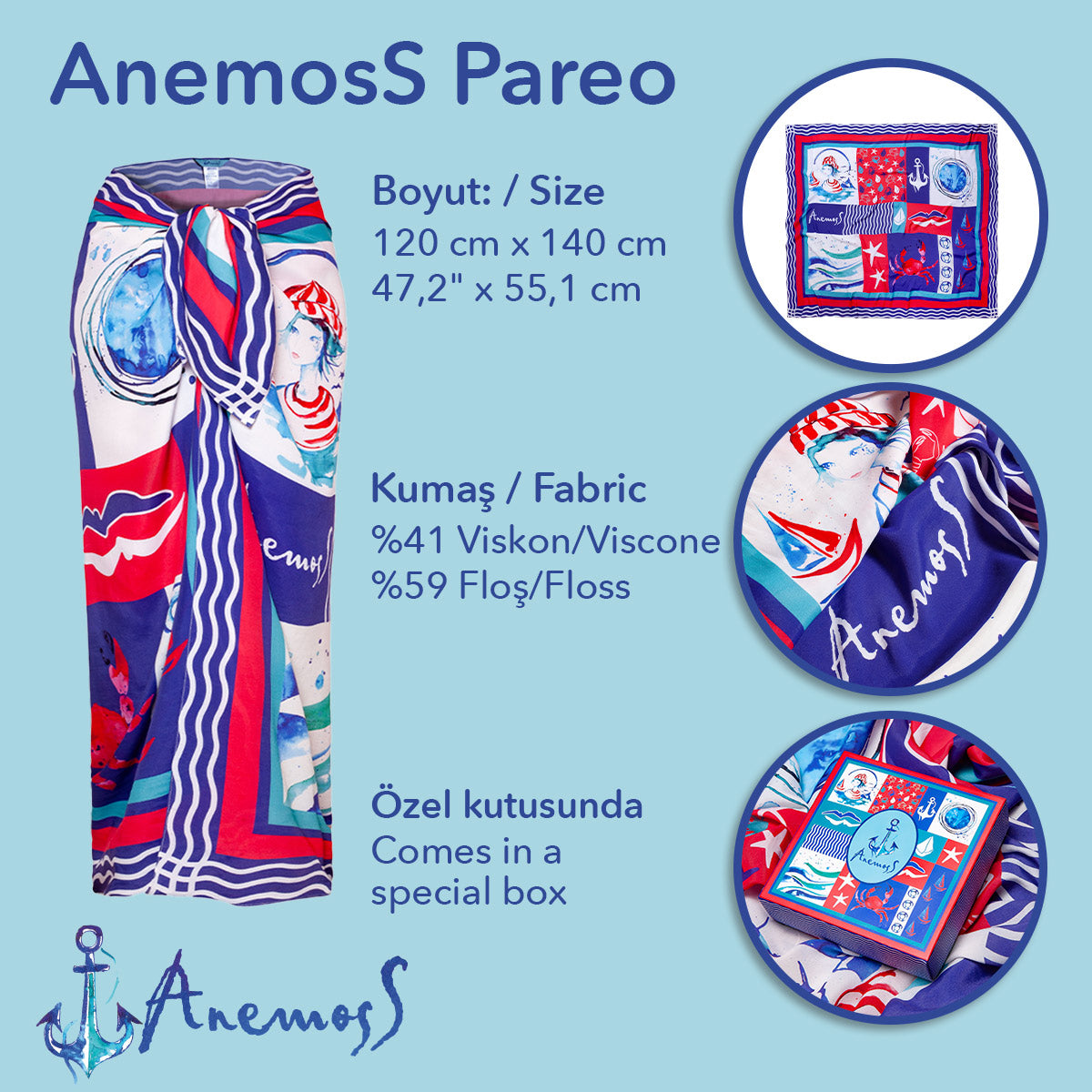 Anemoss Harmoni Viskon Pareo Lacivert 120*140 cm