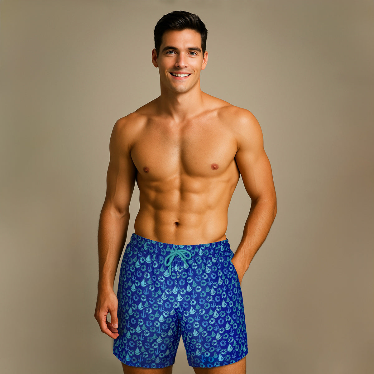 Anemoss Yelken Üç Cepli İçi Fileli Bel Lastik ve Bağlama İpli Erkek Deniz Şortu