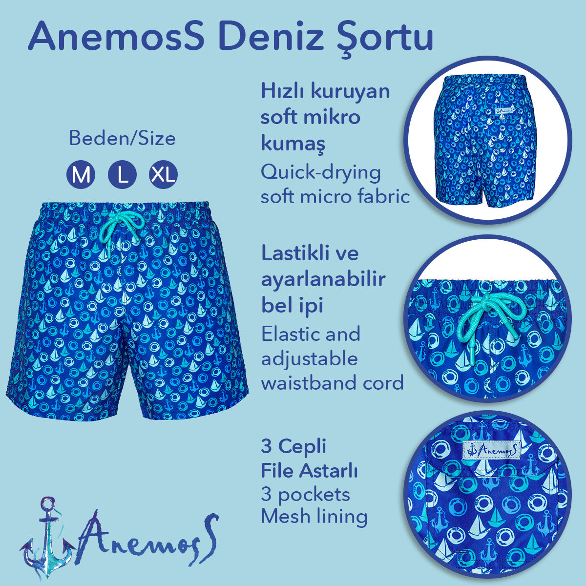 Anemoss Yelken Üç Cepli İçi Fileli Bel Lastik ve Bağlama İpli Erkek Deniz Şortu