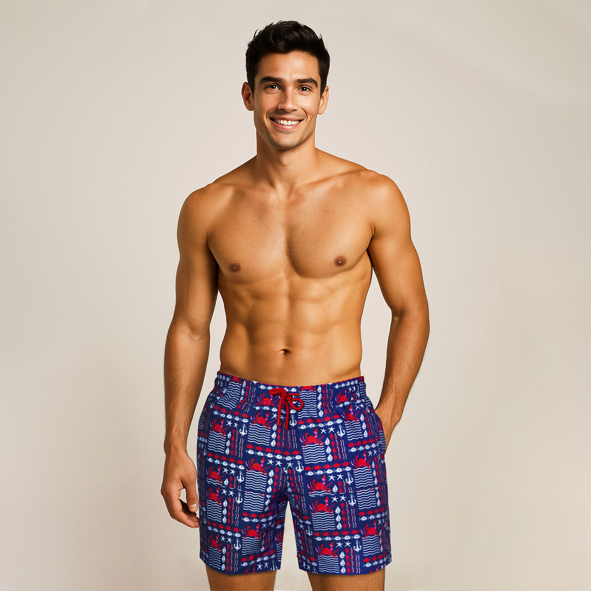 Anemoss Yengeç Üç Cepli İçi Fileli Bel Lastik ve Bağlama İpli Erkek Deniz Şortu