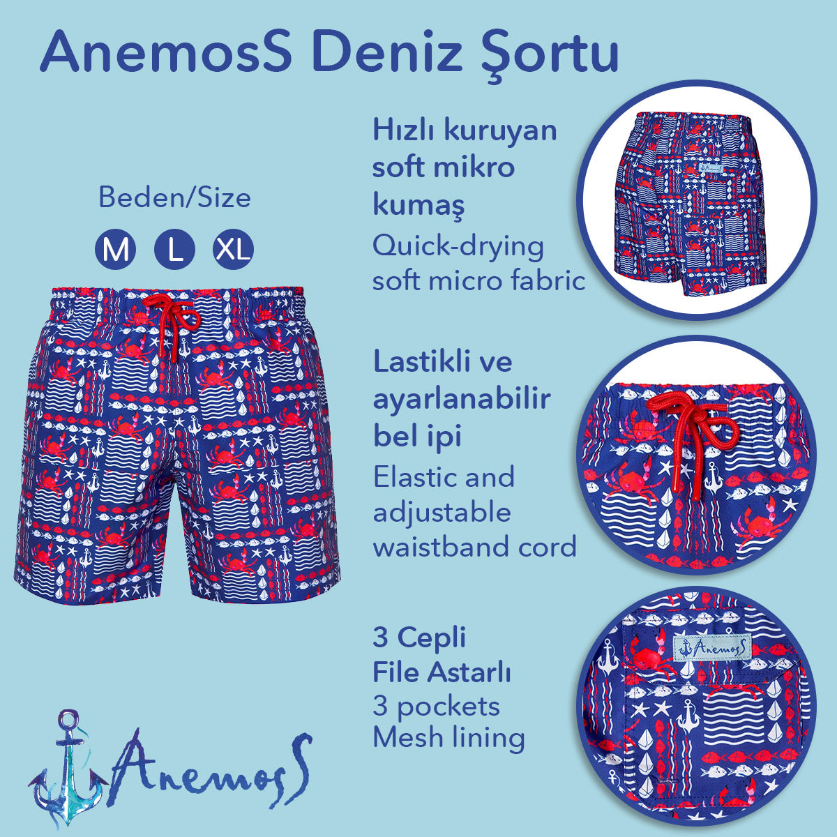Anemoss Yengeç Üç Cepli İçi Fileli Bel Lastik ve Bağlama İpli Erkek Deniz Şortu