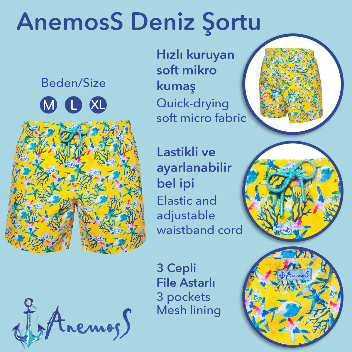 Anemoss Akvaryum Üç Cepli İçi Fileli Bel Lastik ve Bağlama İpli Erkek Deniz Şortu