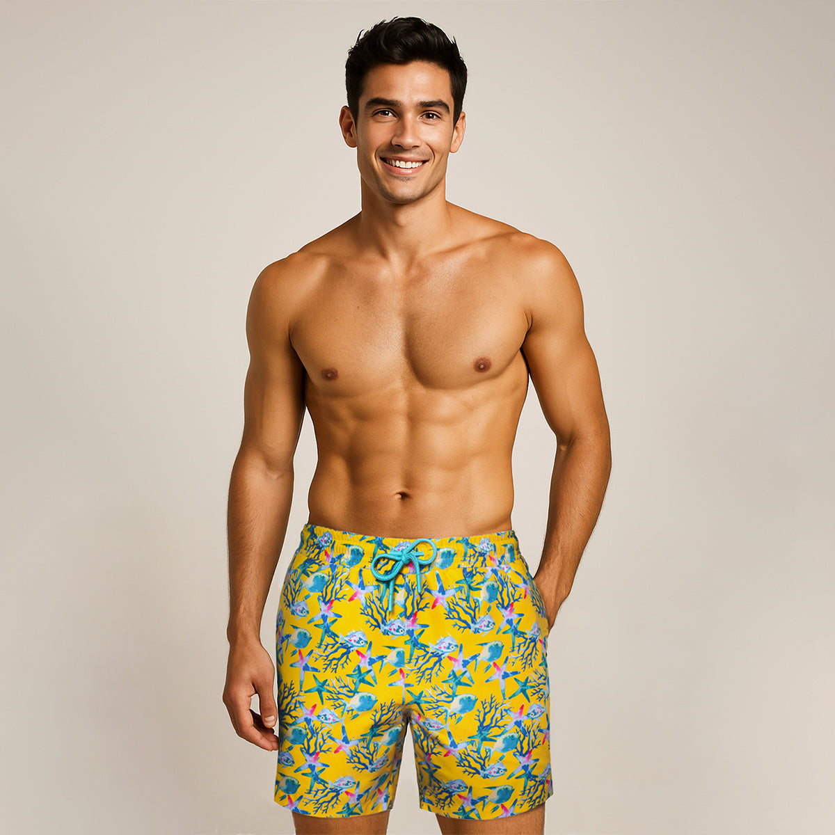 Anemoss Akvaryum Üç Cepli İçi Fileli Bel Lastik ve Bağlama İpli Erkek Deniz Şortu