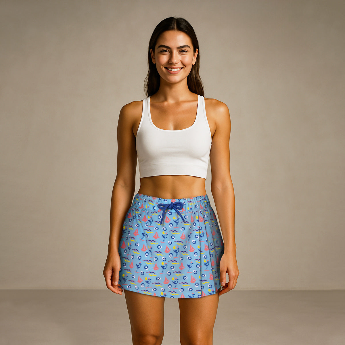 Anemoss Gemici Martı Kadın Şort Etek – Bağcıklı Bel, Deniz Temalı Yazlık Skort