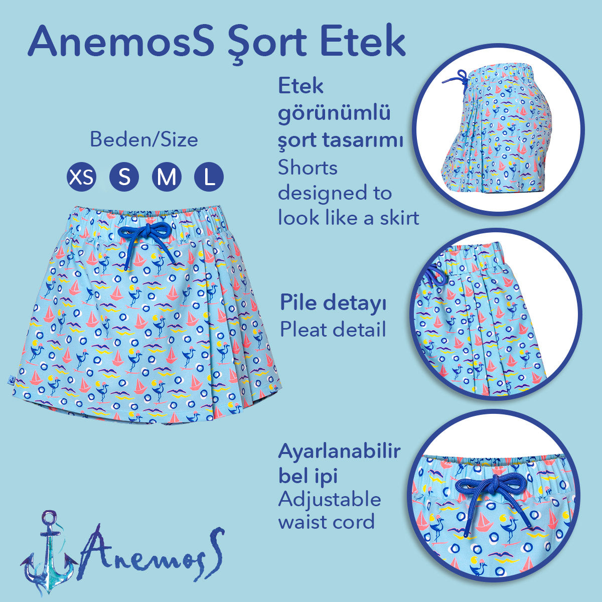 Anemoss Gemici Martı Kadın Şort Etek – Bağcıklı Bel, Deniz Temalı Yazlık Skort