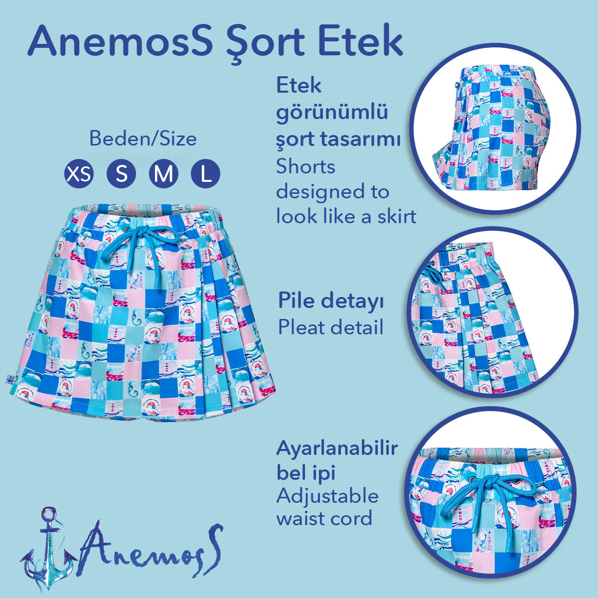 Anemoss Harmoni Kadın Şort Etek – Lastikli Bel, Bağcıklı ve Esnek Kumaşlı Yazlık Skort