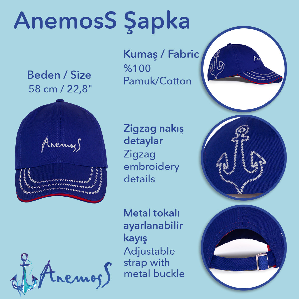 Anemoss Lacivert  Çapa Nakışlı Şapka – Ayarlanabilir, Nefes Alabilir Yazlık Spor Şapka