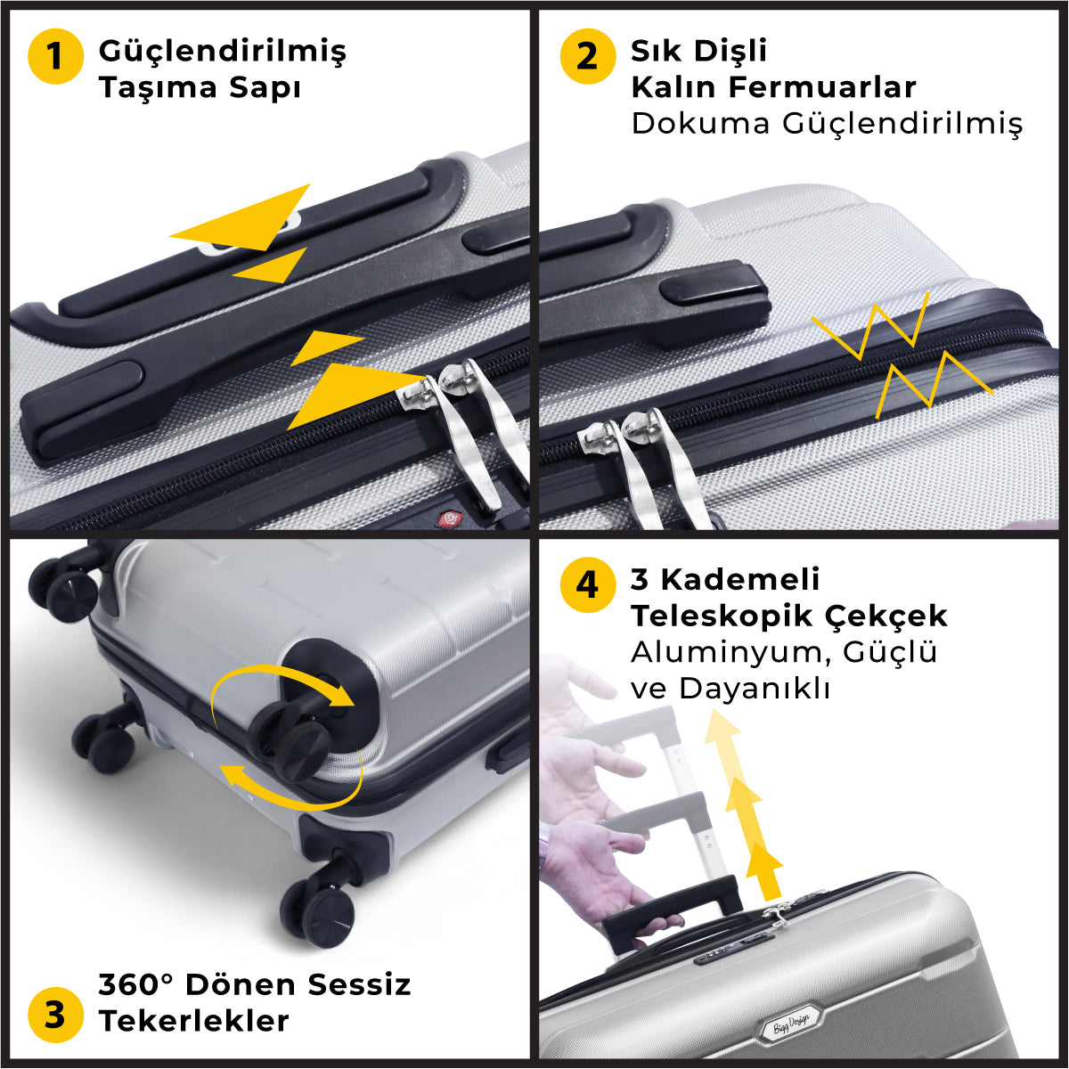 Biggdesign Moods Up 3'lü Valiz Seti, TSA Kilitli, ABS Gövde, Gümüş