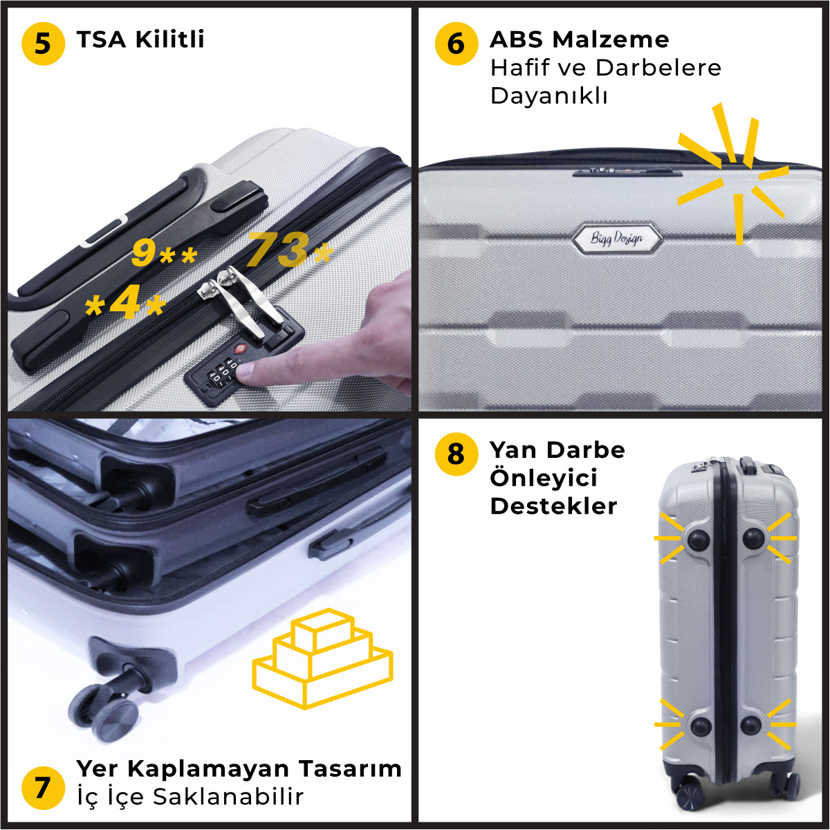 Biggdesign Moods Up 3'lü Valiz Seti, TSA Kilitli, ABS Gövde, Gümüş