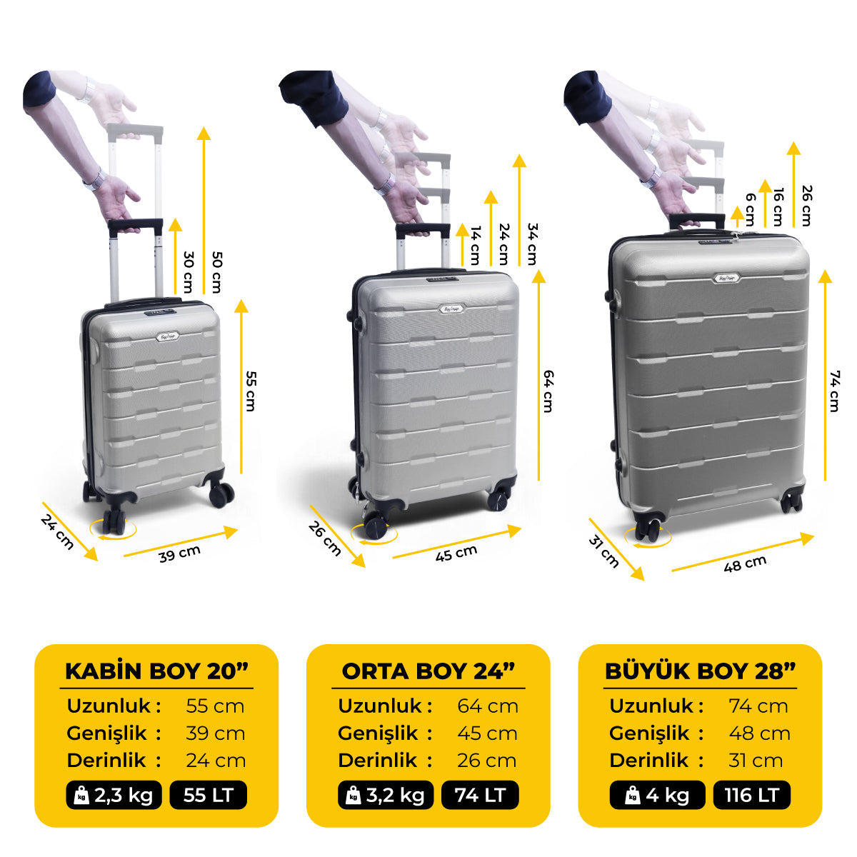 Biggdesign Moods Up 3'lü Valiz Seti, TSA Kilitli, ABS Gövde, Gümüş