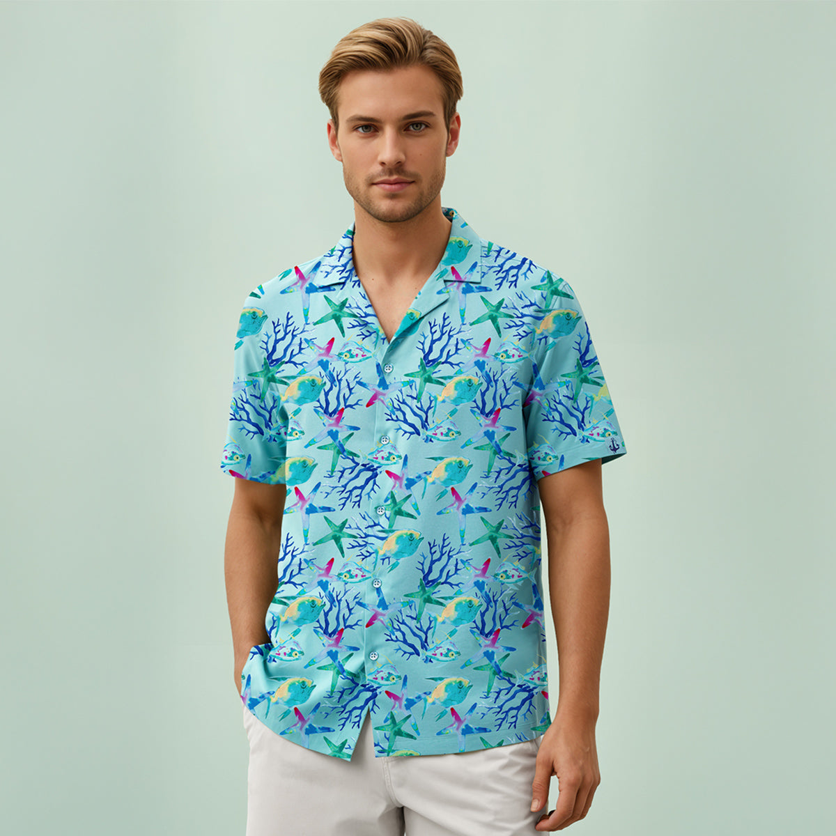 Anemoss Akvaryum Desenli %100 Viskon Yumuşak Nefes Alabilir Kumaşlı Erkek Gömlek