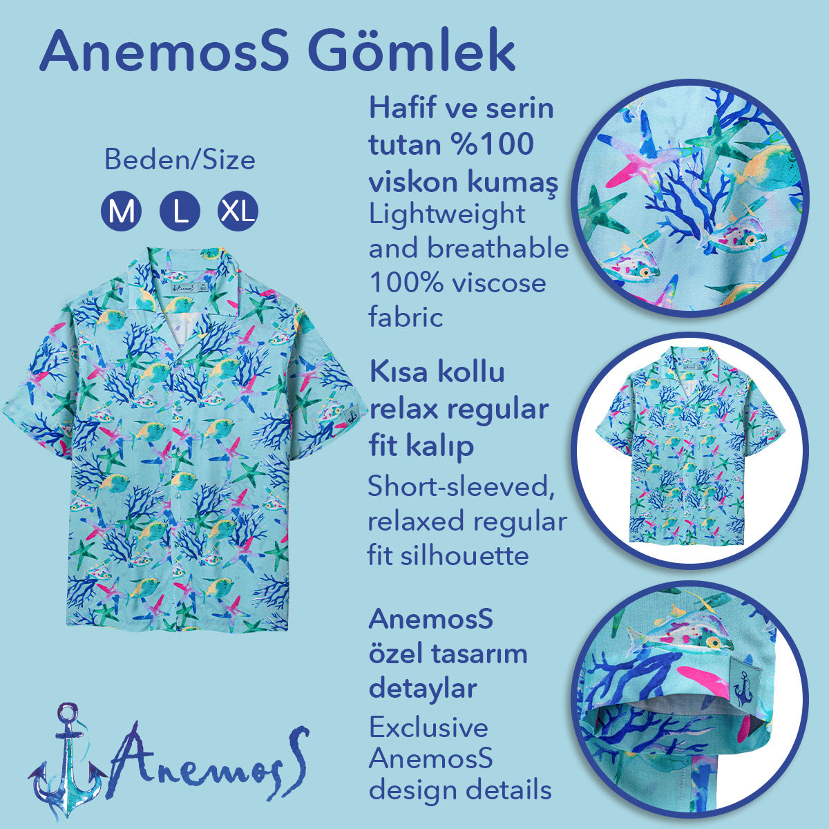 Anemoss Akvaryum Desenli %100 Viskon Yumuşak Nefes Alabilir Kumaşlı Erkek Gömlek