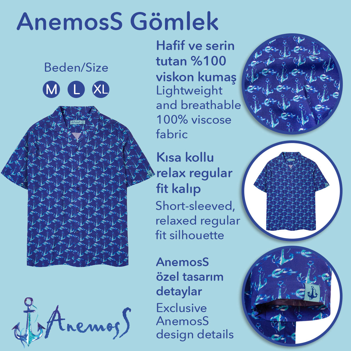 Anemoss Çapa Desenli %100 Viskon Yumuşak Nefes Alabilir Kumaşlı Erkek Gömlek