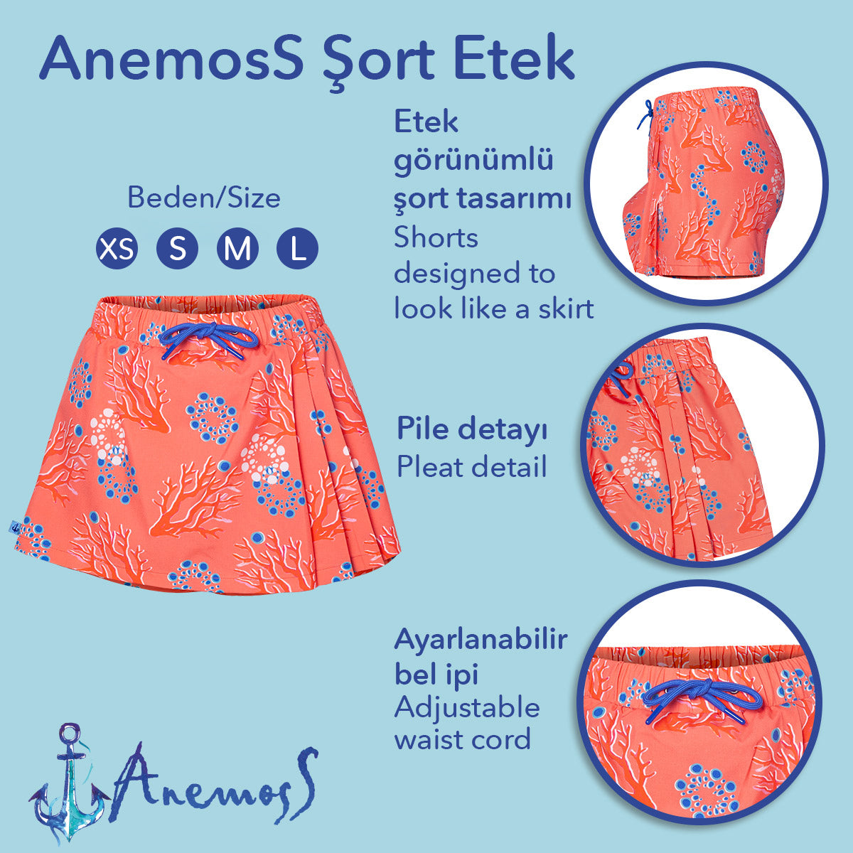 Anemoss Mercan Kadın Şort Etek – Lastikli Bel, Bağcıklı, Pembe Desenli Yazlık Skort