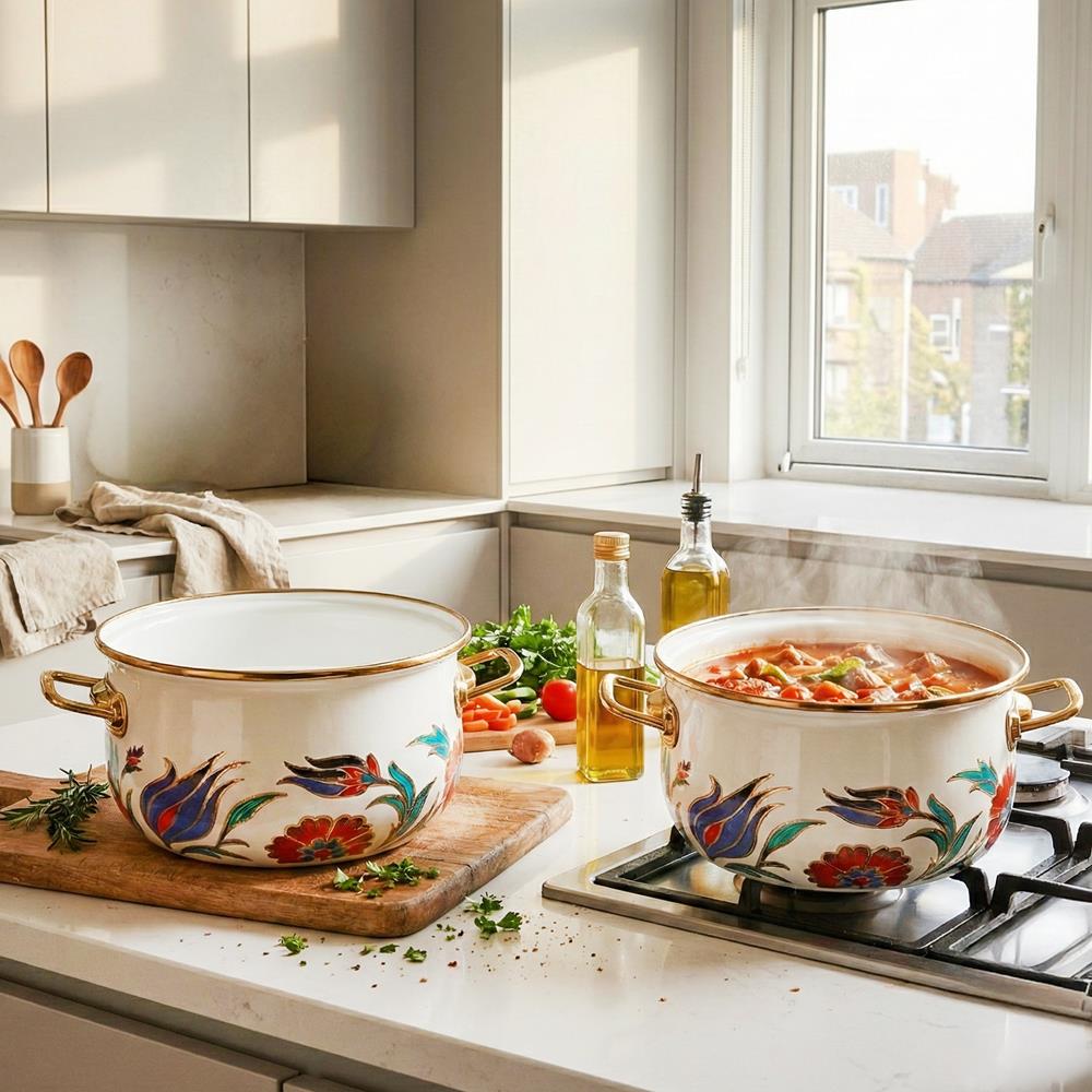Serenk 20-24 Cm Emaye 2'li Derin Bombeli Premium Tencere Seti
