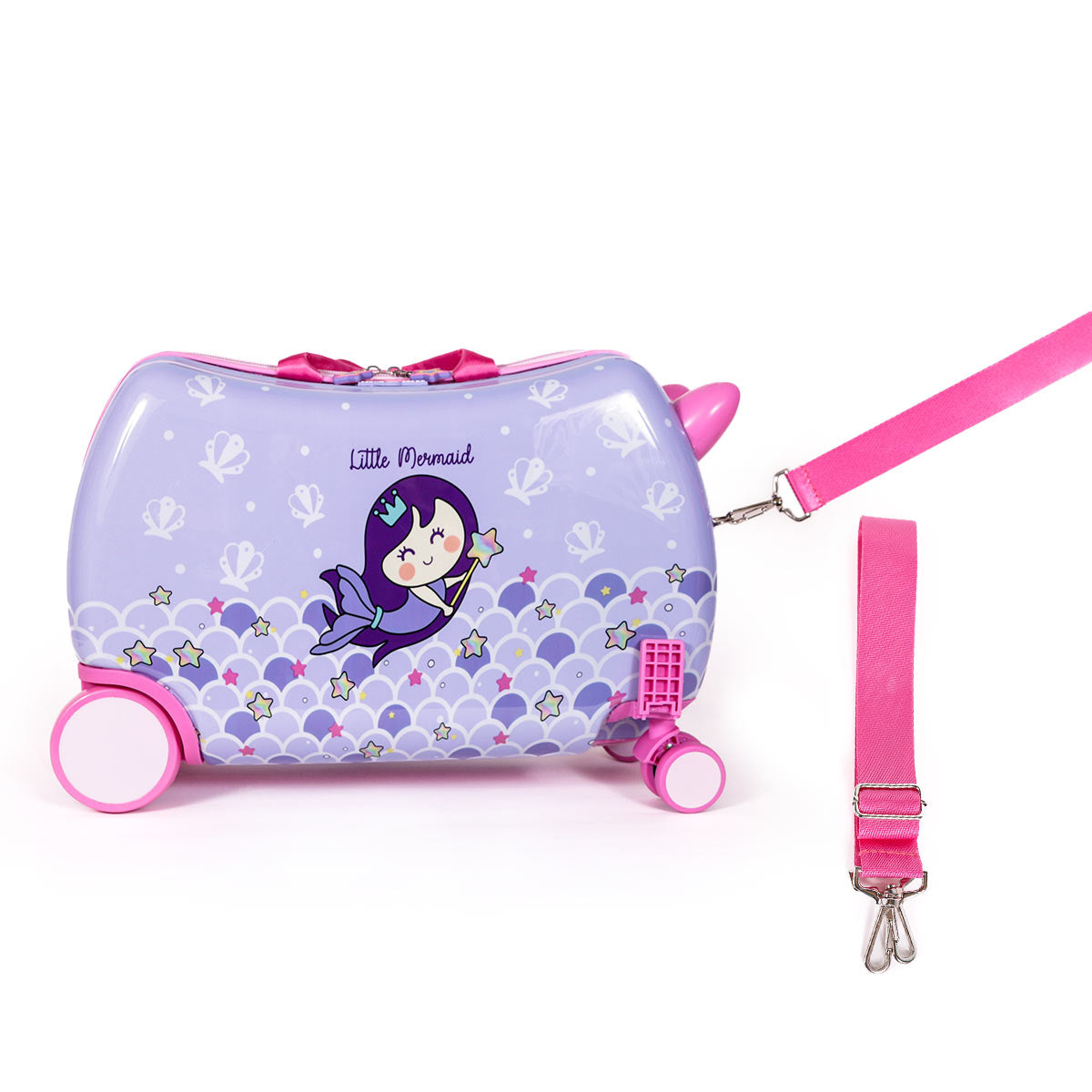 Milk&Moo Pırıltılı Deniz Kızı Binilebilir Çocuk Valizi, 360° Tekerlekli, Ayak Destekli