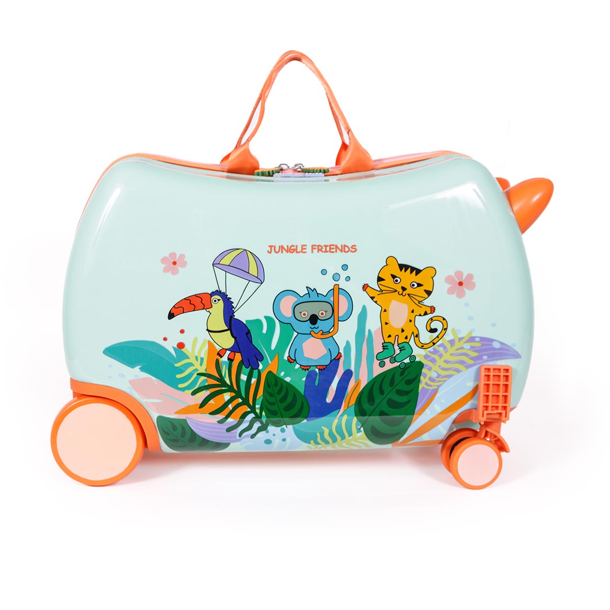 Milk&Moo Jungle Friends Binilebilir Çocuk Valizi, 360° Tekerlekli, Ayak Destekli