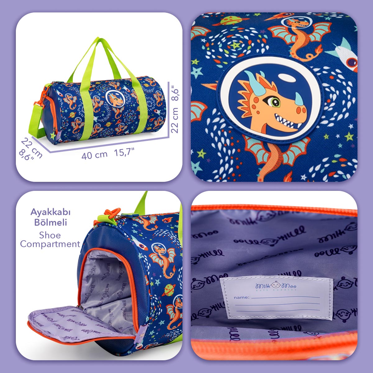 Milk&Moo Ponix Çocuk Spor Çantası Ayakkabı Bölmeli Ayarlanabilir Askılı