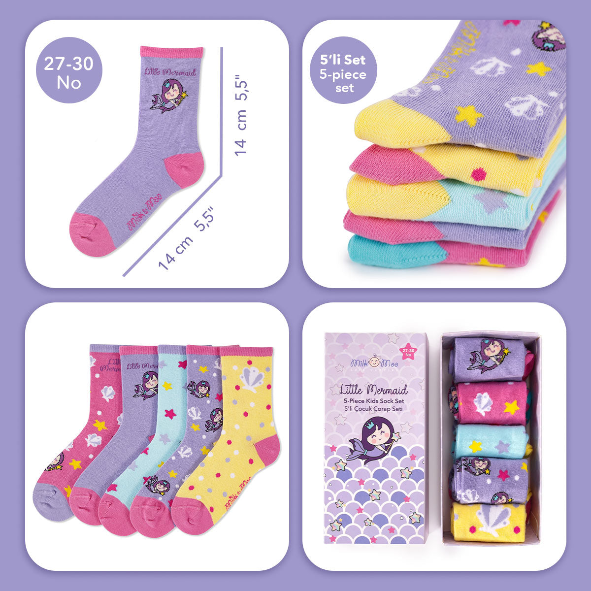 Milk&Moo Pırıltılı Deniz Kızı Çocuk 5'li Çorap Seti, Beden 27-30, Yumuşak ve Cilt Dostu