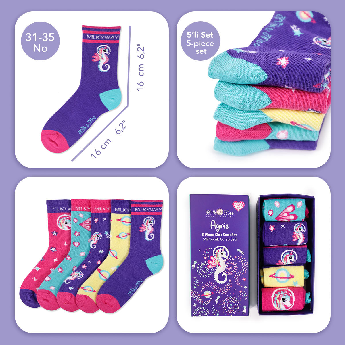 Milk&Moo Ayris Çocuk 5'li Çorap Seti, Beden 31-35, Renkli ve Rahat Tasarım