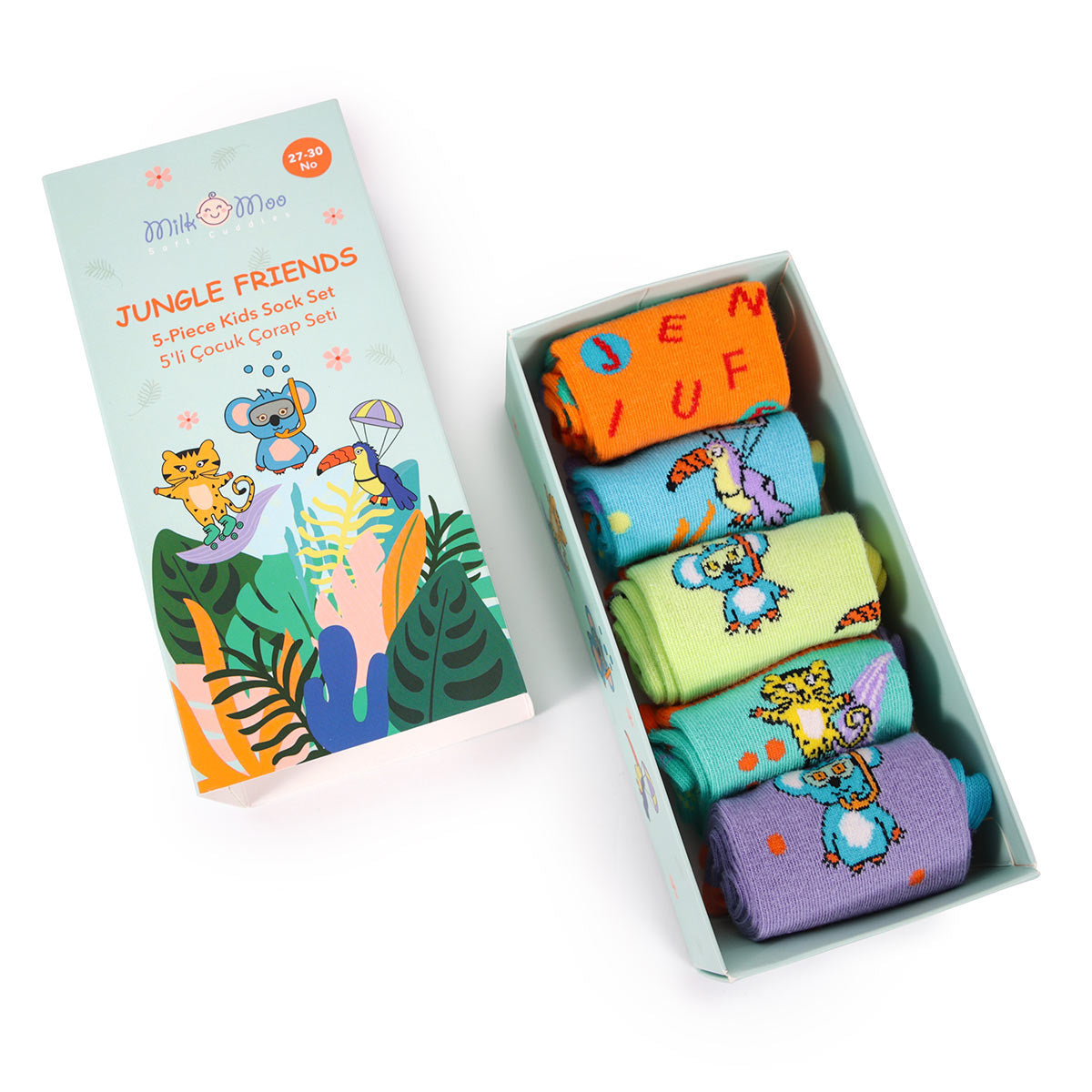 Milk&Moo Jungle Friends Çocuk 5'li Çorap Seti, Beden 27-30, Yumuşak ve Dayanıklı Kumaş