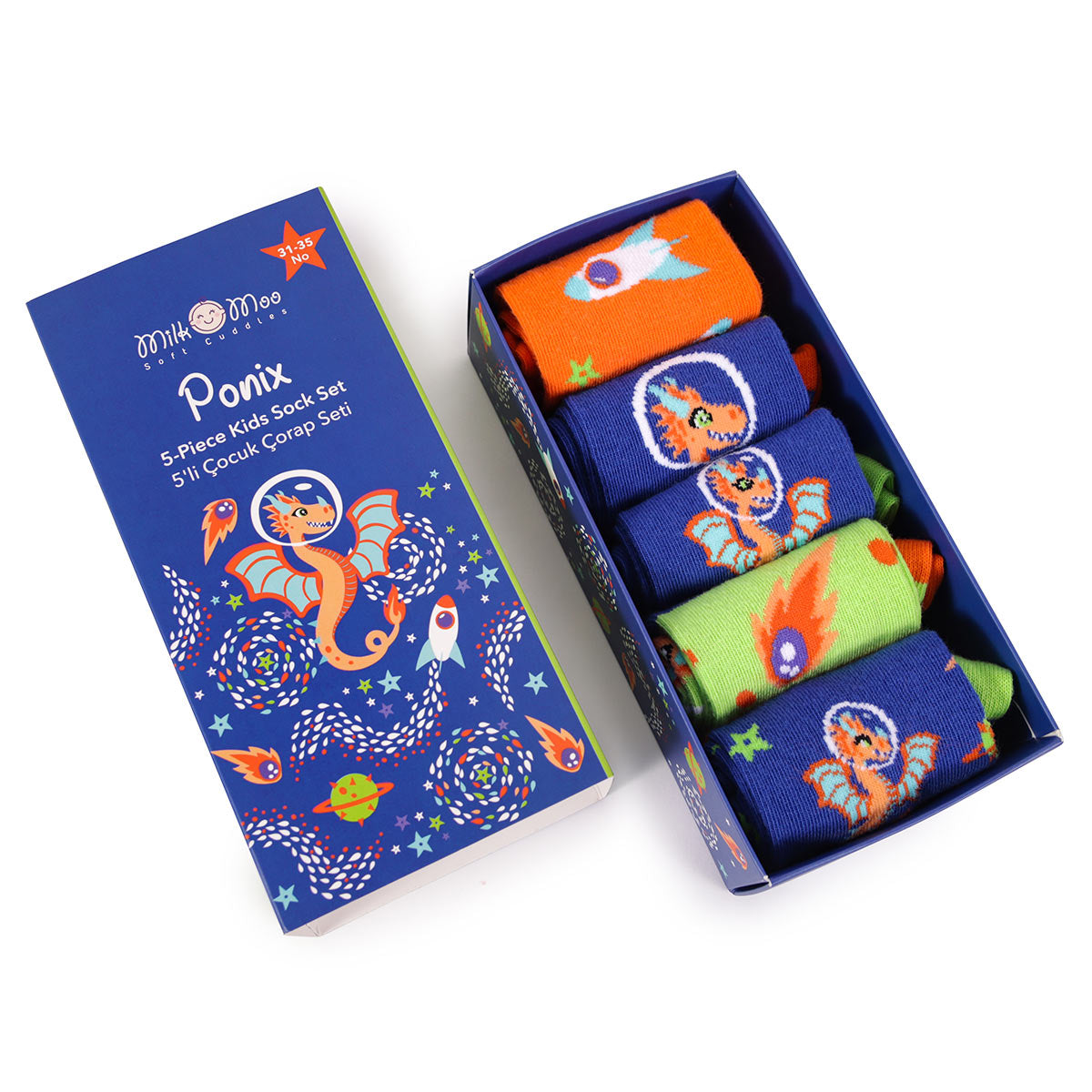 Milk&Moo Ponix Çocuk 5'li Çorap Seti, 31-35 Numara, Yumuşak ve Eğlenceli Tasarım
