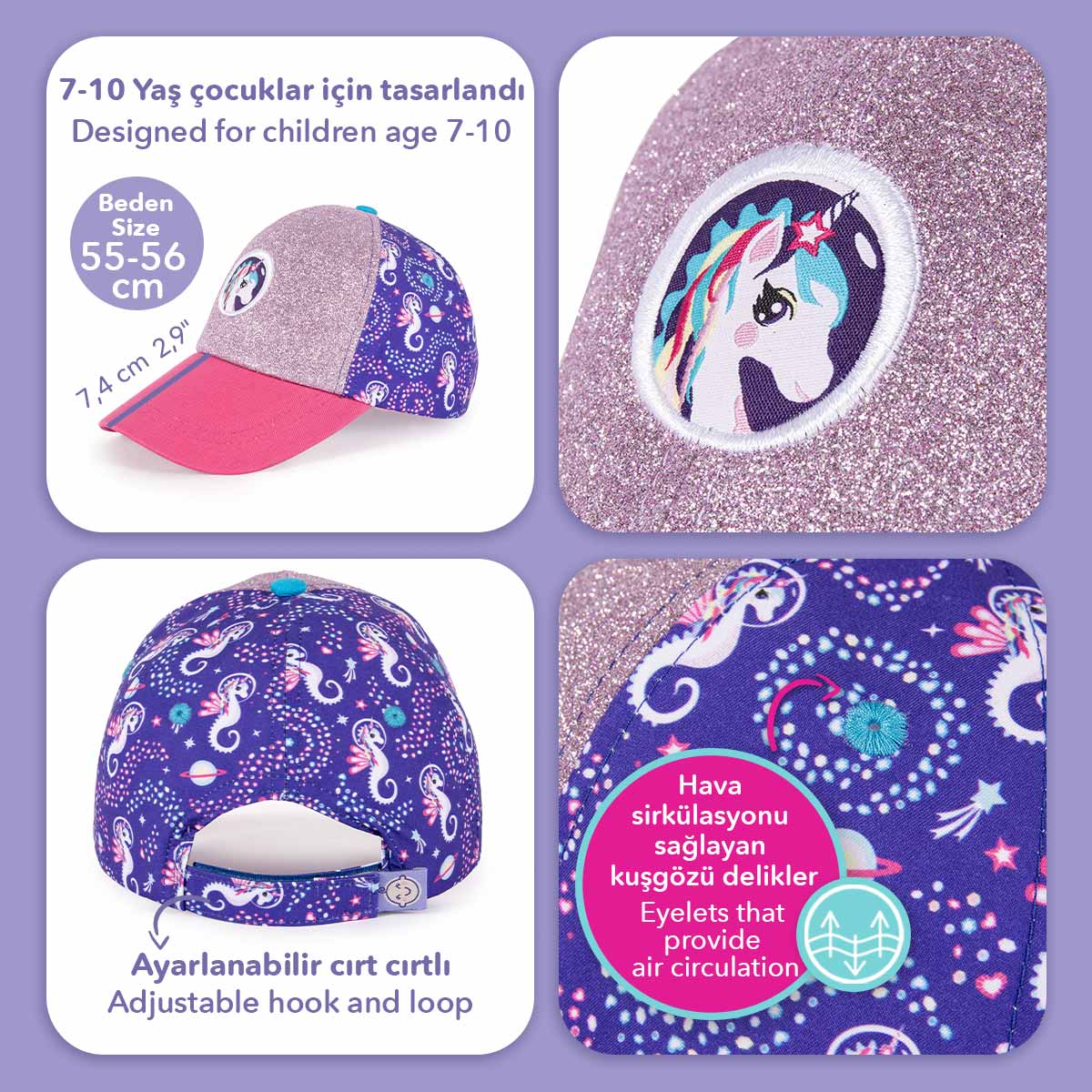 Milk&Moo Ayris 7-10 Yaş Kız Şapkası - Unicorn Temalı, Simli, Pembe-Mor, Ayarlanabilir Yazlık