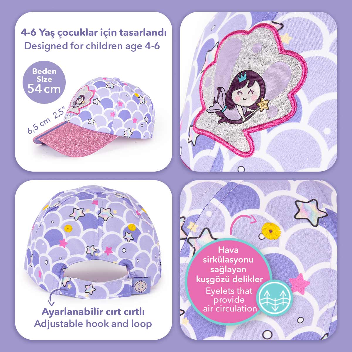 Milk&Moo Pırıltılı Deniz Kızı 4-6 Yaş Kız Çocuk Şapkası - Simli, Ayarlanabilir, Yazlık Model