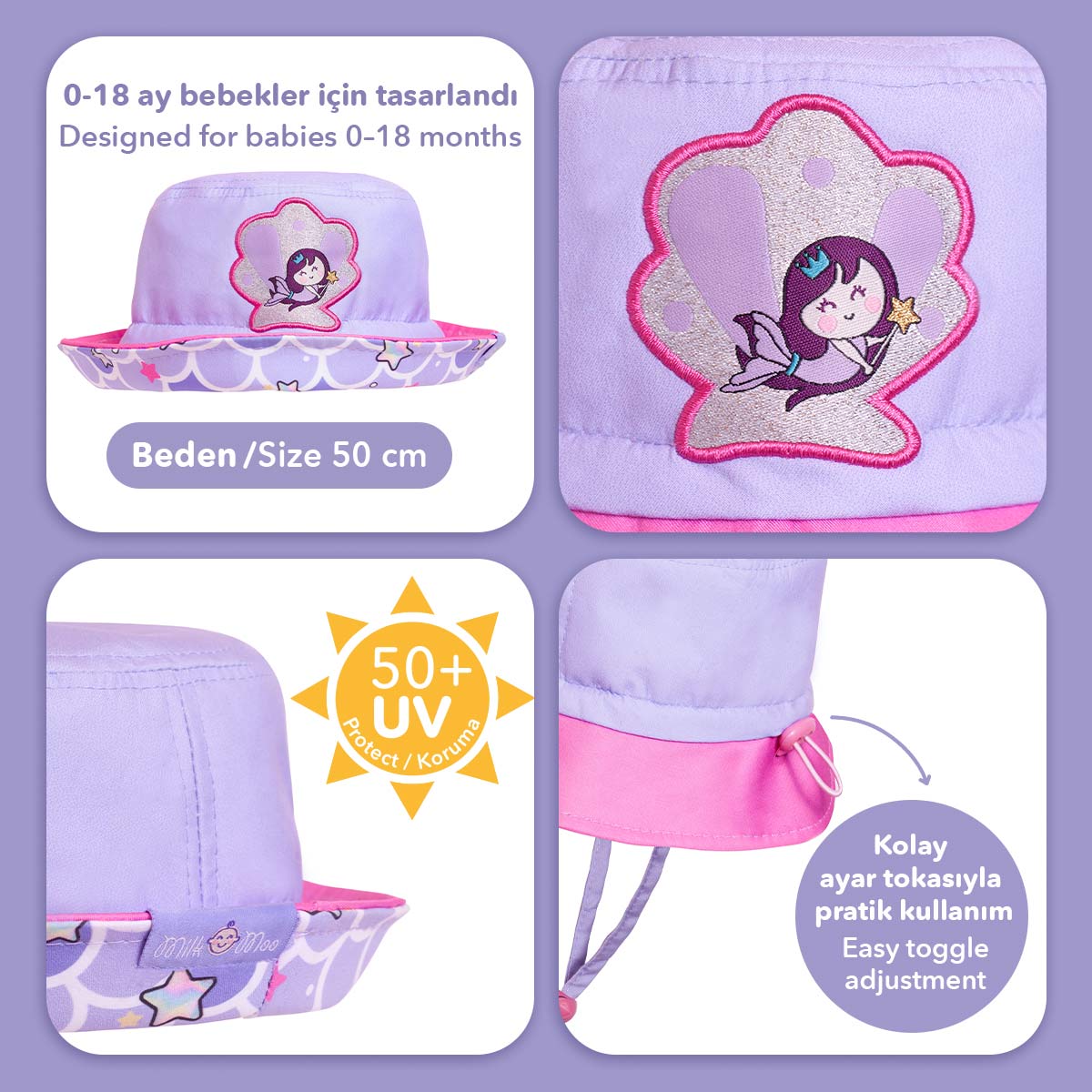 Milk&Moo Pırıltılı Deniz Kızı Ayarlanabilir Yazlık Bebek Şapkası 0-18 Ay