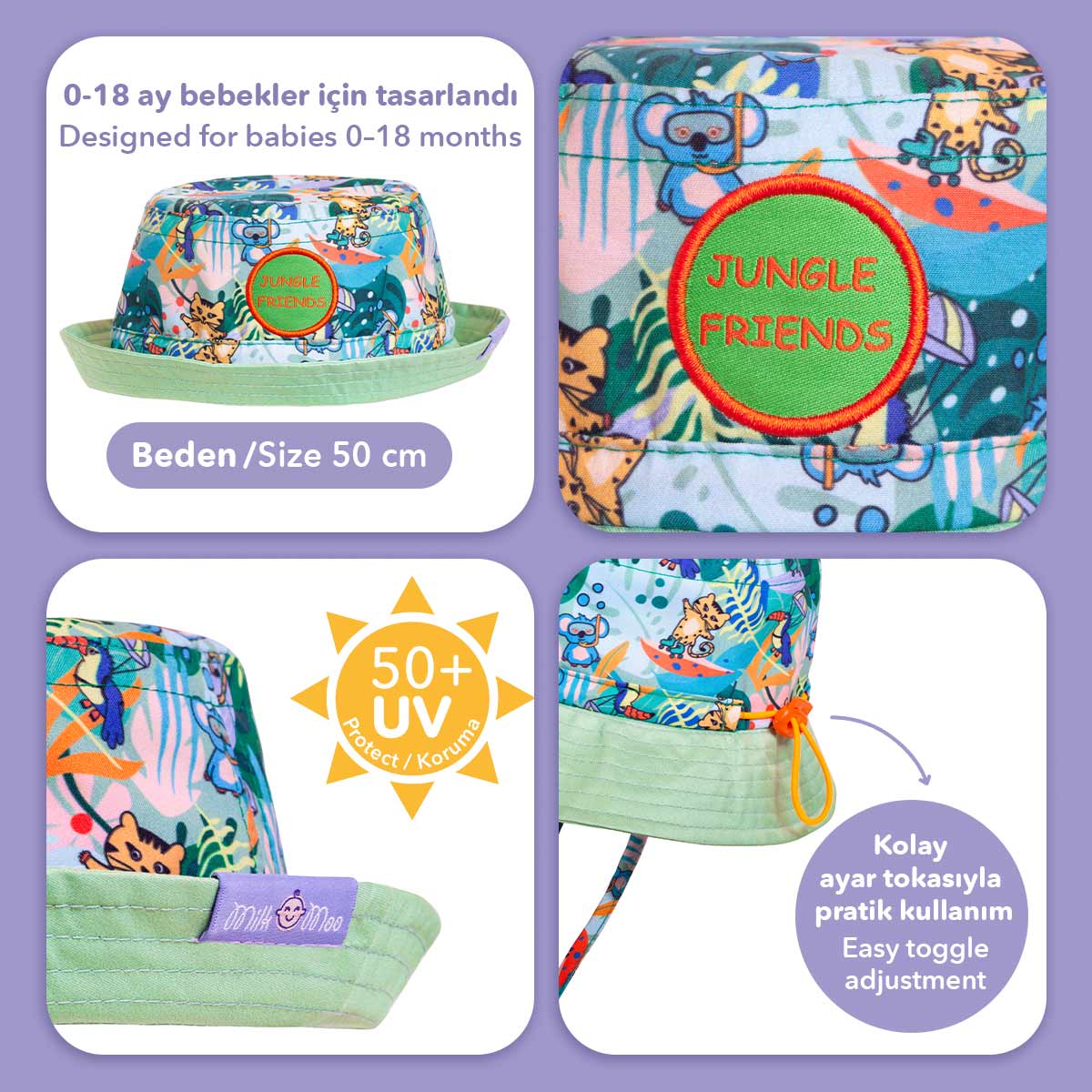 Milk&Moo Jungle Friends Ayarlanabilir Yazlık Bebek Şapkası 0-18 Ay