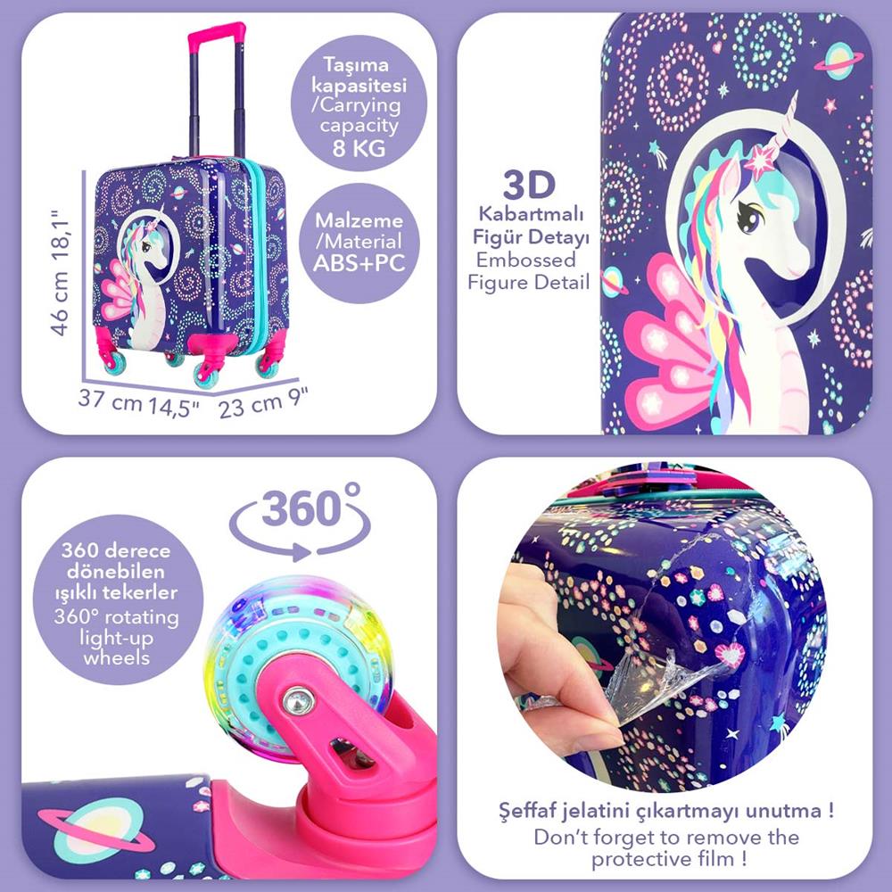 Milk&Moo Renkli Işıklı Tekerlekli Çekçekli Çocuk Valiz 3D Ayris Tasarımlı