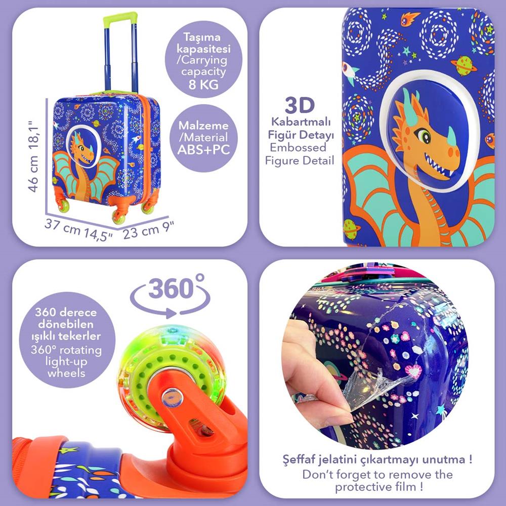 Milk&Moo Renkli Işıklı Tekerlekli Çekçekli Çocuk Valiz 3D Ponix Tasarımlı