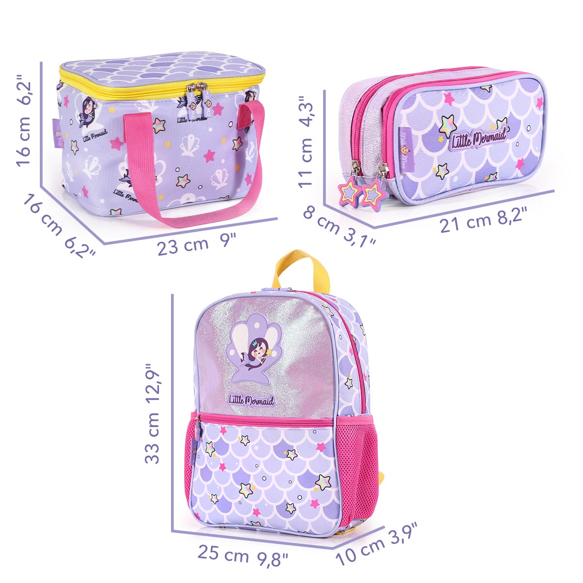 Milk&Moo Çocuk Sırt Çantası, Kalem Kutusu, Beslenme Çantası 3'lü Set Pırıltılı Deniz Kızı