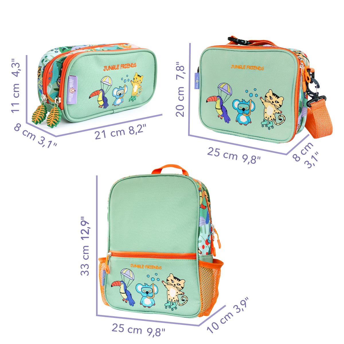 Milk&Moo Çocuk Sırt Çantası, Kalem Kutusu, Beslenme Çantası 3'lü Set Jungle Friends