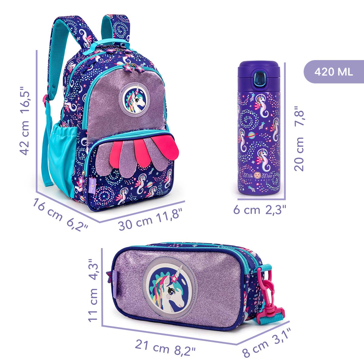 Milk&Moo Çocuk Sırt Çantası, Kalem Kutusu,Matarası 3'lü Set Ayris