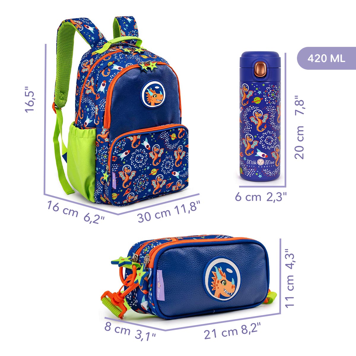 Milk&Moo Çocuk Sırt Çantası, Kalem Kutusu,Matarası 3'lü Set Ponix