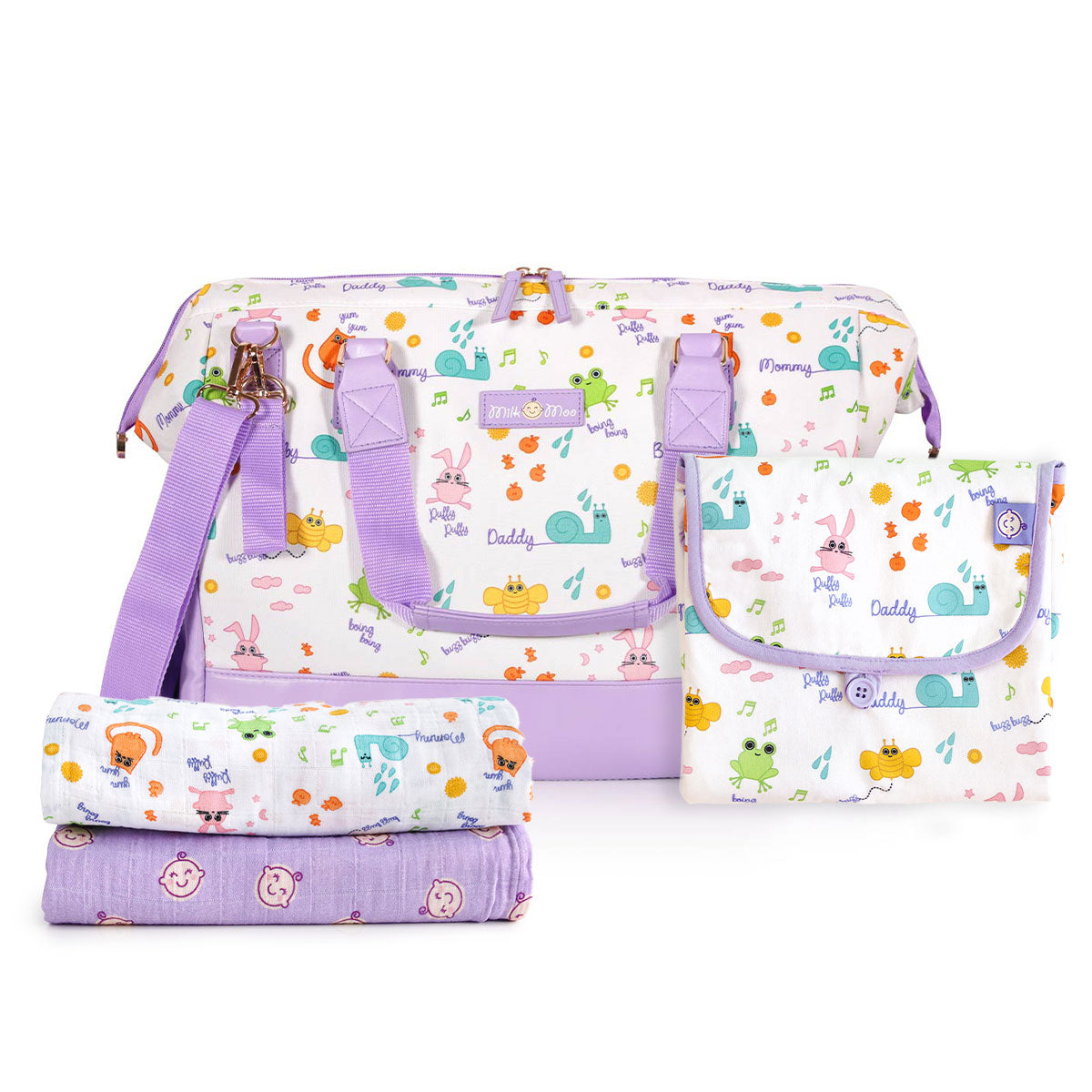 Milk&Moo Bebek Bakım Çantası, Alt Değiştirme, Müslin Örtü 3'lü Set Milk&Moo Friends