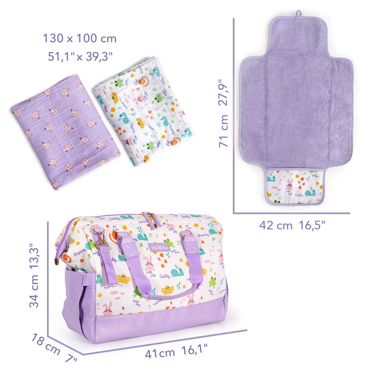 Milk&Moo Bebek Bakım Çantası, Alt Değiştirme, Müslin Örtü 3'lü Set Milk&Moo Friends