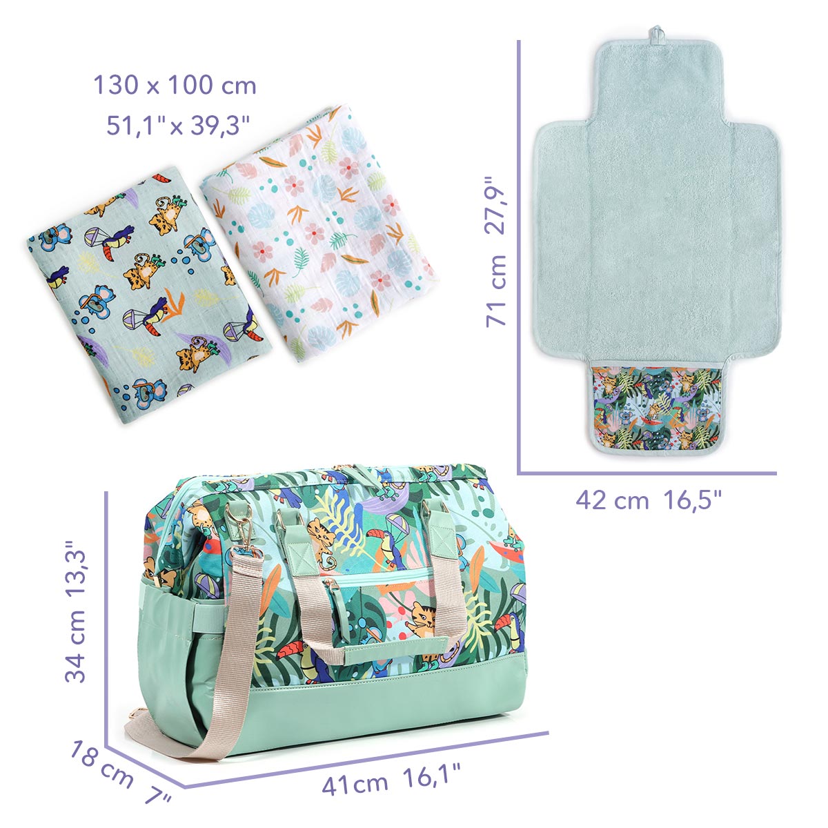 Milk&Moo Bebek Bakım Çantası, Alt Değiştirme, Müslin Örtü 3'lü Set Jungle Friends
