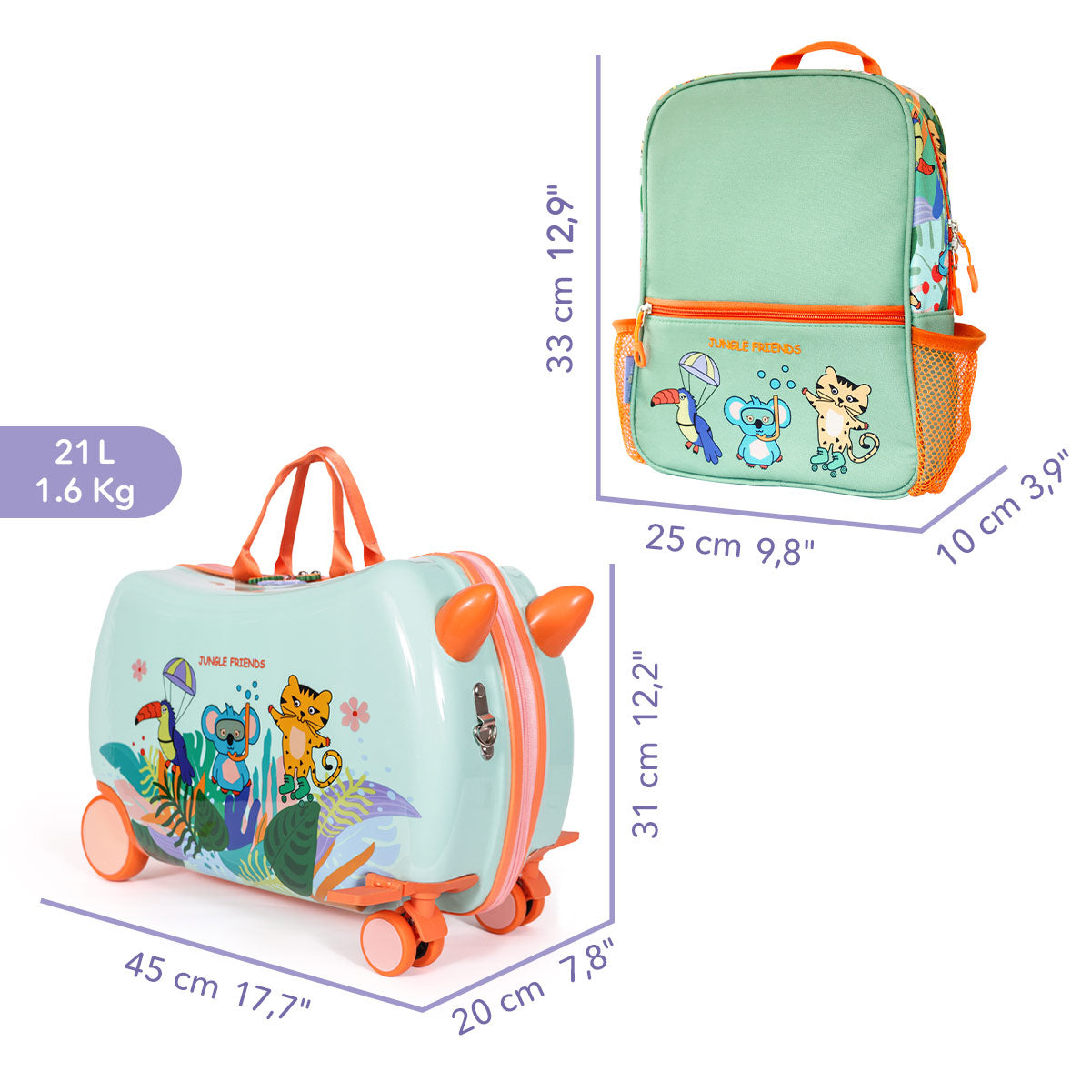 Milk&Moo Çocuk Sırt Çantası ve Binilebilir Valiz Seti Jungle Friends