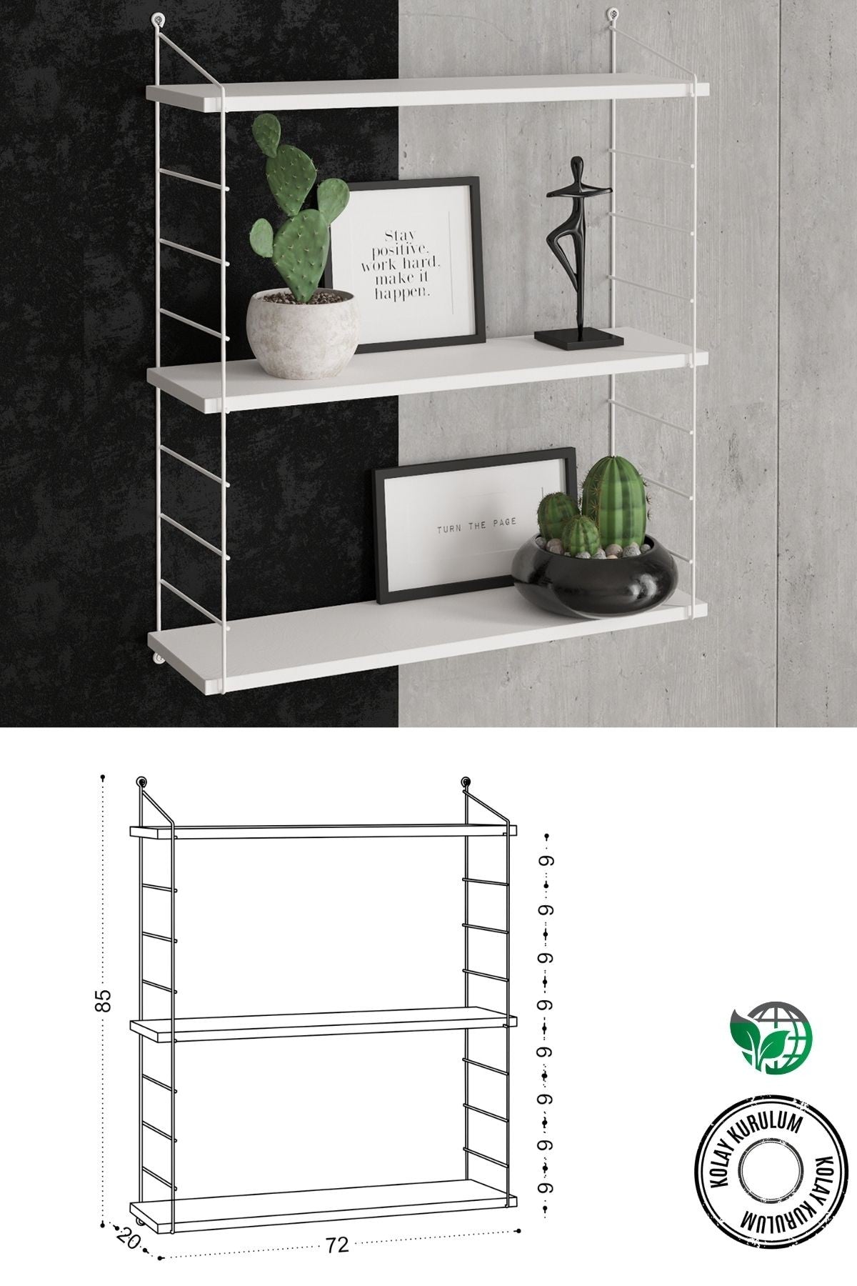 Decormet Armoni Raf Seti 3 Raflı 200*720 Metal Beyaz+Ahşap