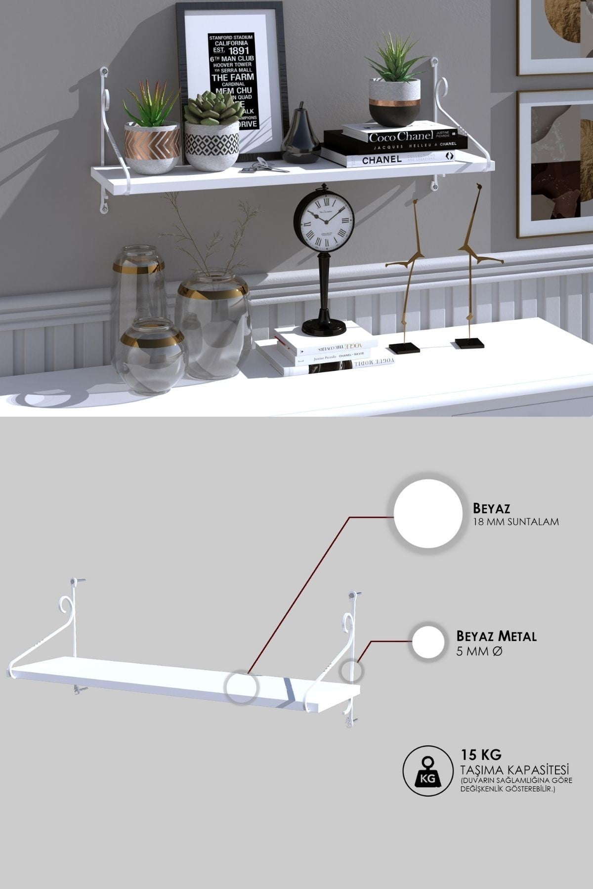 Decormet Seramoni Raf Seti 1 Raflı 200*720 Metal Beyaz+Ahşa