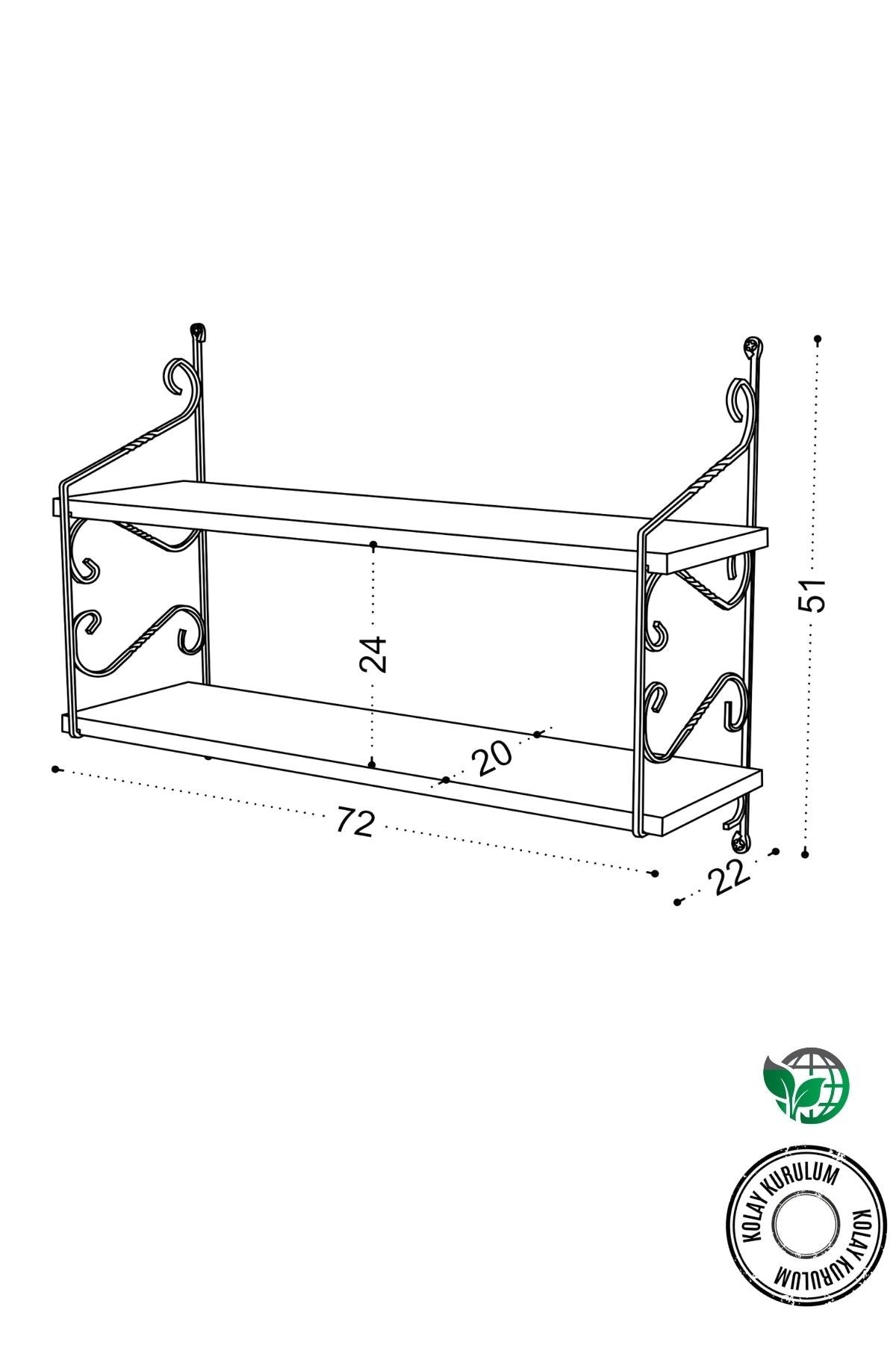 Decormet Seramoni Raf Seti 2 Raflı 200*720 Metal Beyaz+Ahşa