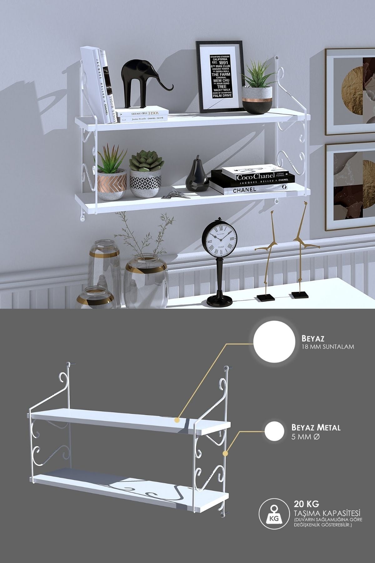 Decormet Seramoni Raf Seti 2 Raflı 200*720 Metal Beyaz+Ahşa