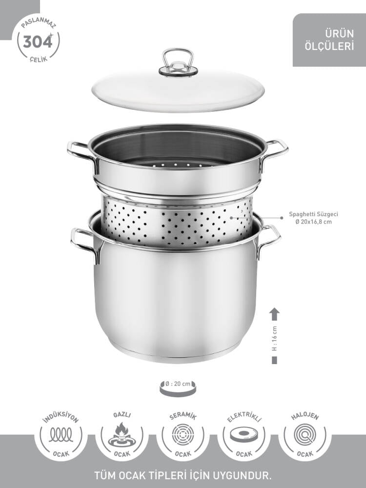 Hascevher 20 cm Haşlama Süzgeçli Spaghetti Tencere