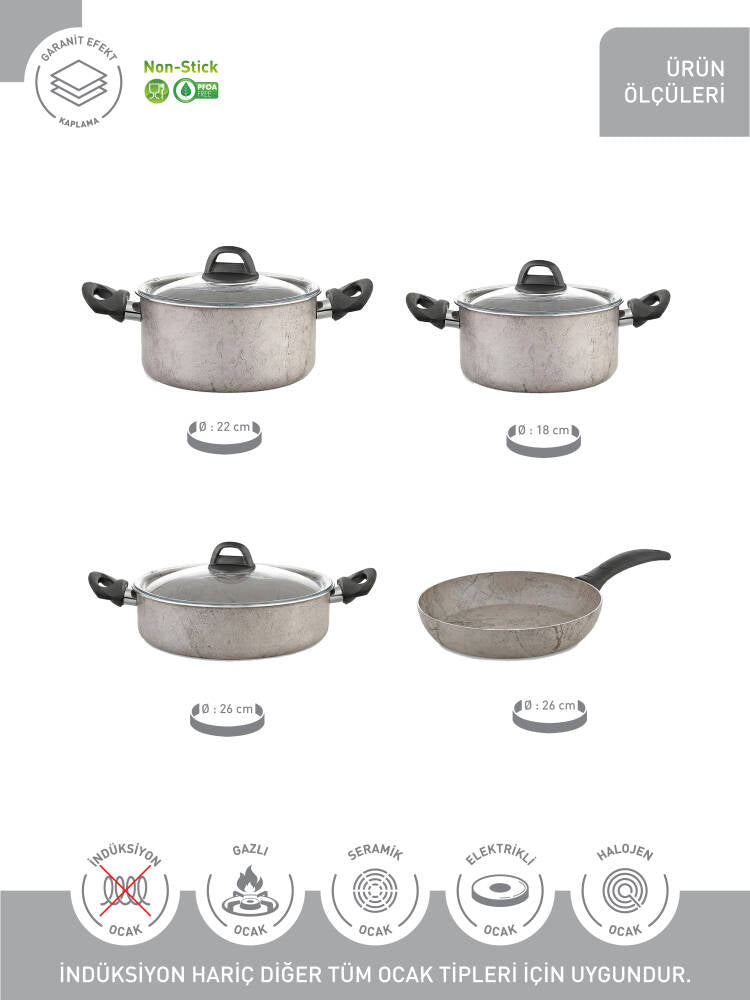 Hascevher Terra 7 Pcs Nonstick Set Cam Kapaklı(18/22Ten/26Kar/26Tv)	Renk: Krem Siyah