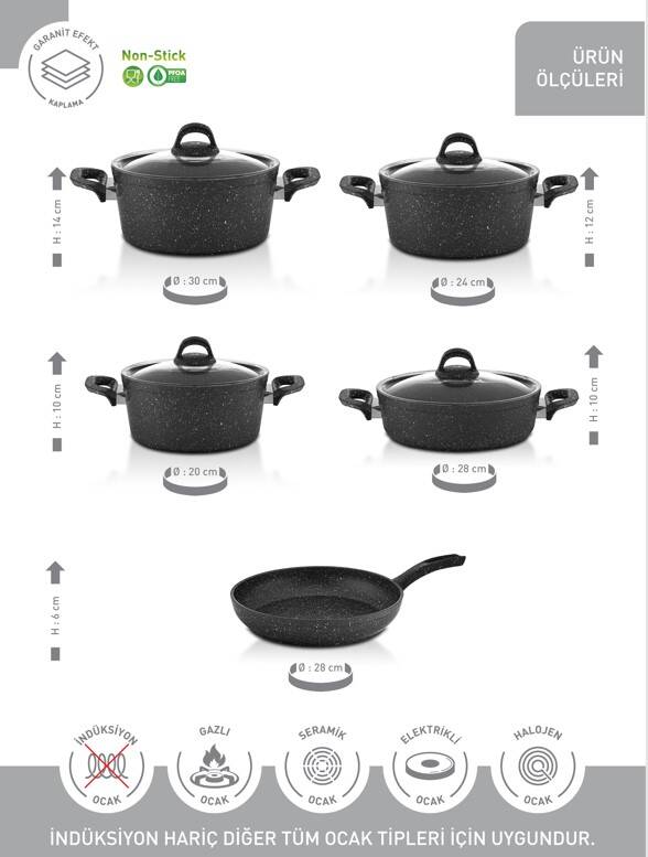 Hascevher Granit 9 Pcs Beren Set Cam Kapaklı 4mm (20/24/30Ten/28Kar/28Tv)	Renk: GRİ