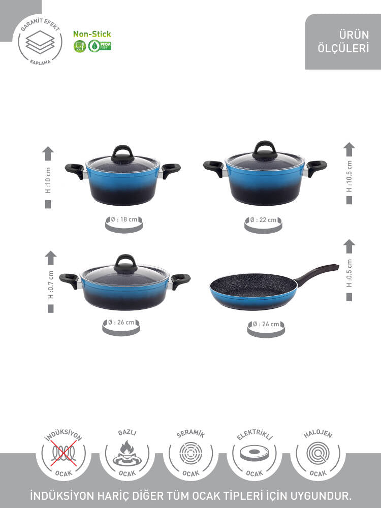 Hascevher Gloria 7 Pcs Silikon Tencere Seti 2.7mm (18/22Ten/26Kar/26Tv) Renk: SİYAH MAVİ