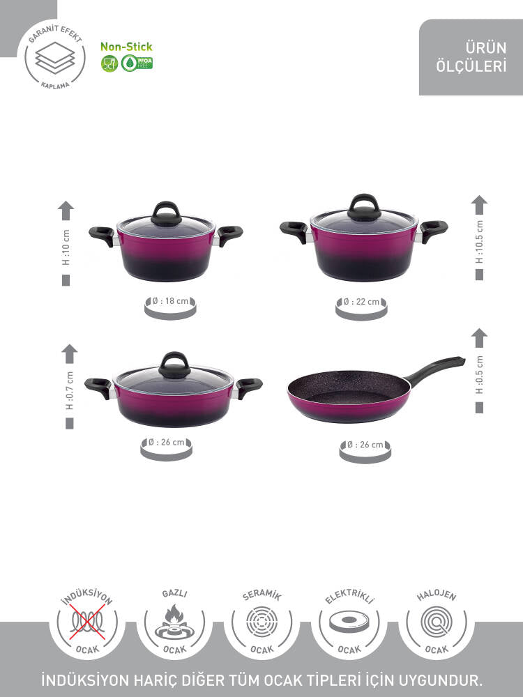 Hascevher Gloria 7 Pcs Silikon Tencere Seti 2.7mm (18/22Ten/26Kar/26Tv) 	Renk: SİYAH MAGENTA